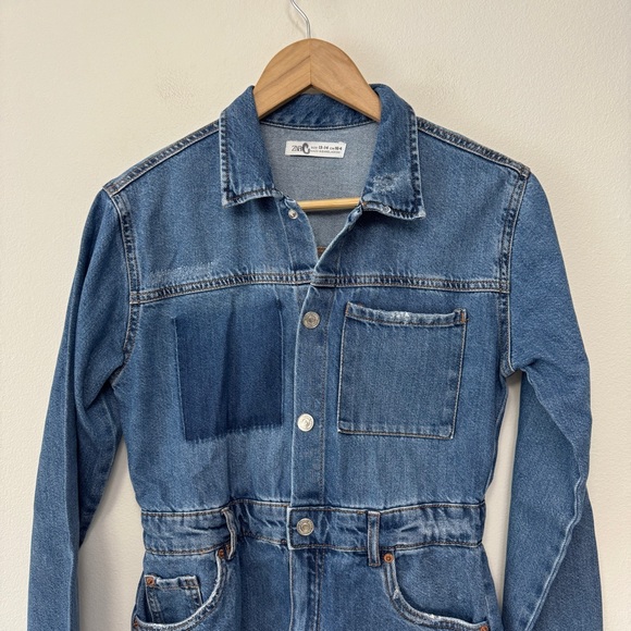 Zara Contrasting Denim Jean Dress Long Sleeve Size 13-14 - Picture 2 of 6